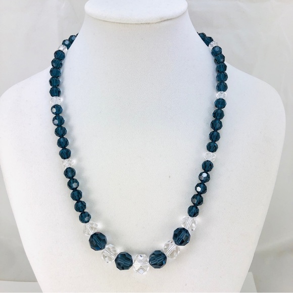 Vintage Jewelry - Vintage Blue & Clear Crystal Necklace, Graduated Faceted Glass Beads, 19 1/2" L